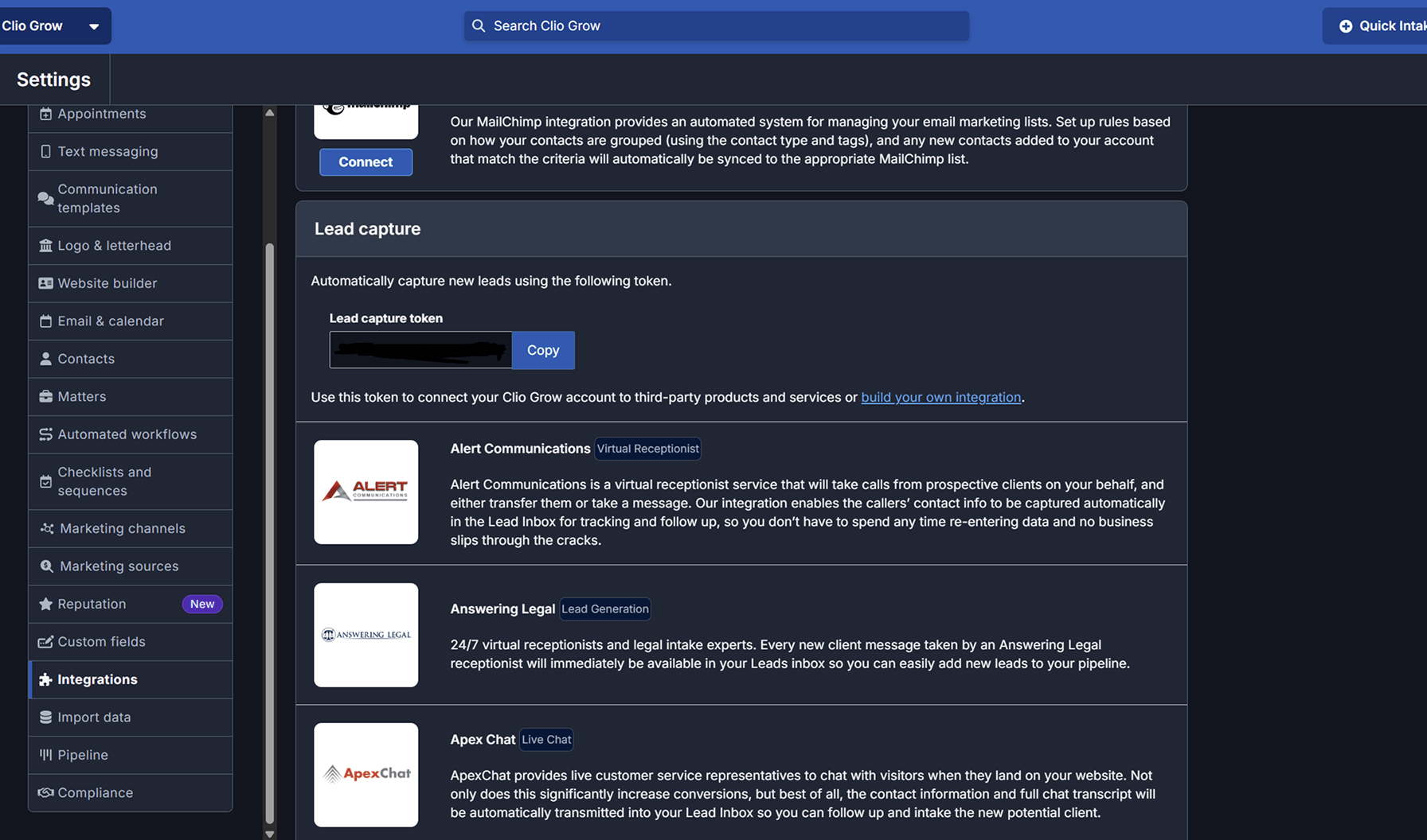 Finding your inbox lead token in Clio Grow settings