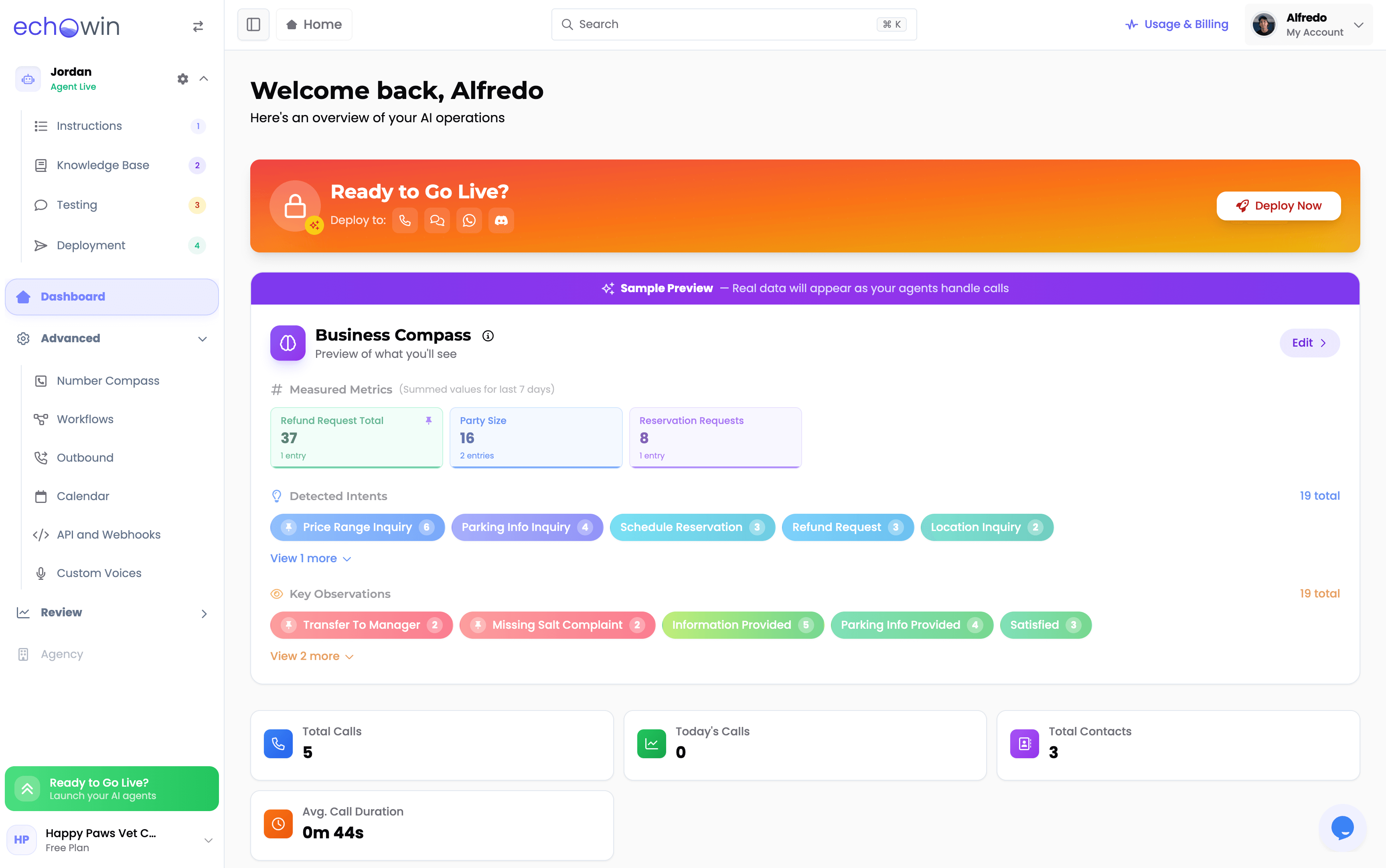 Screenshot of EchoWin AI answering service