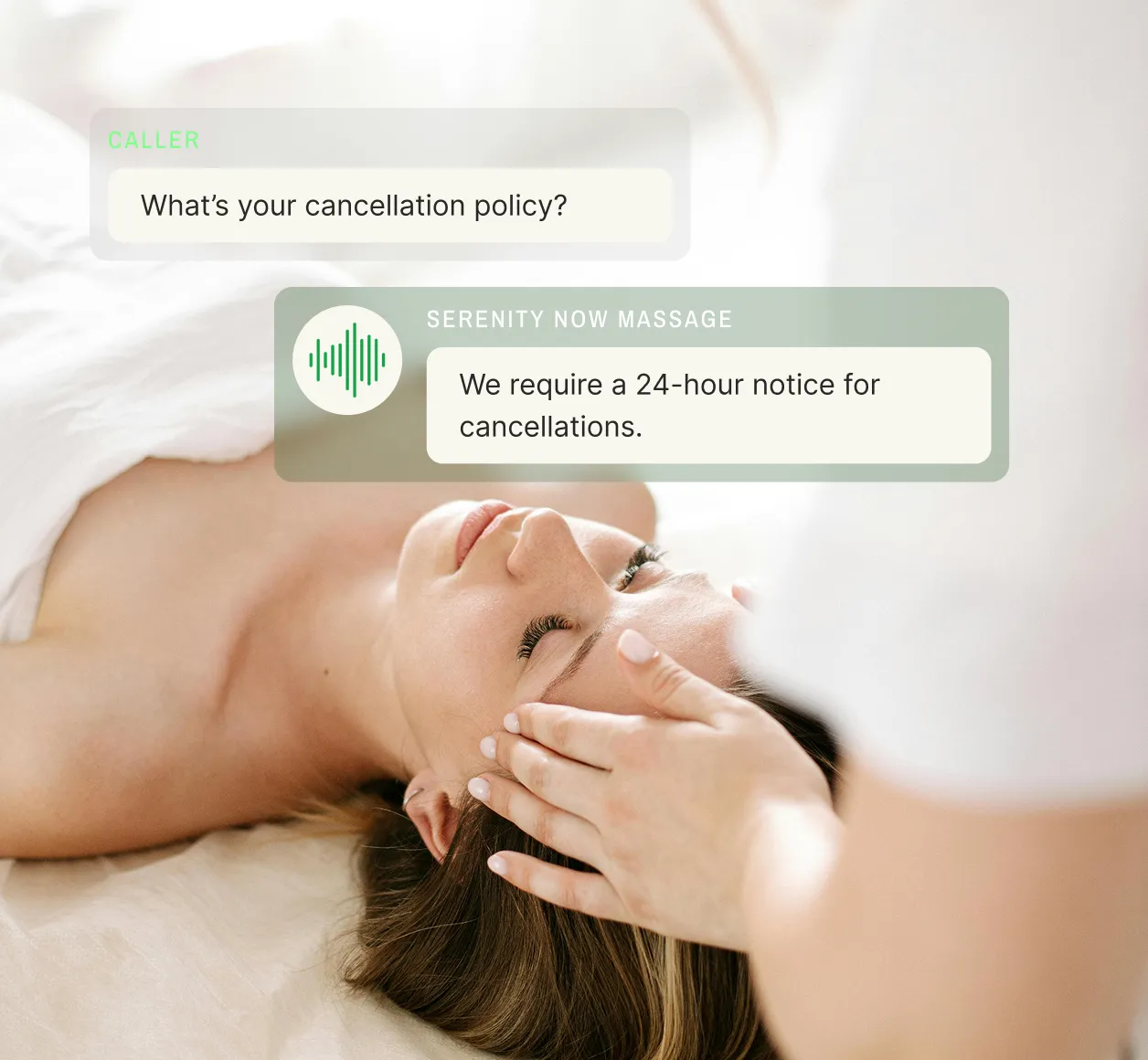 A massage client asks about the cancellation policy and receives a 24-hour notice response from a massage therapy answering service.