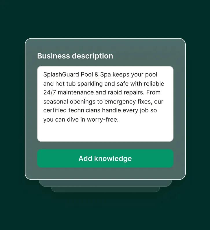 A business description form highlights 24/7 maintenance and rapid repairs for pools and hot tubs in the pool and hot tub answering service dashboard.