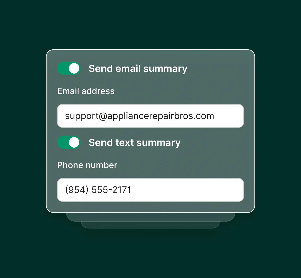 A settings panel displays options to send SMS and email summaries through an appliance repair call answering service.