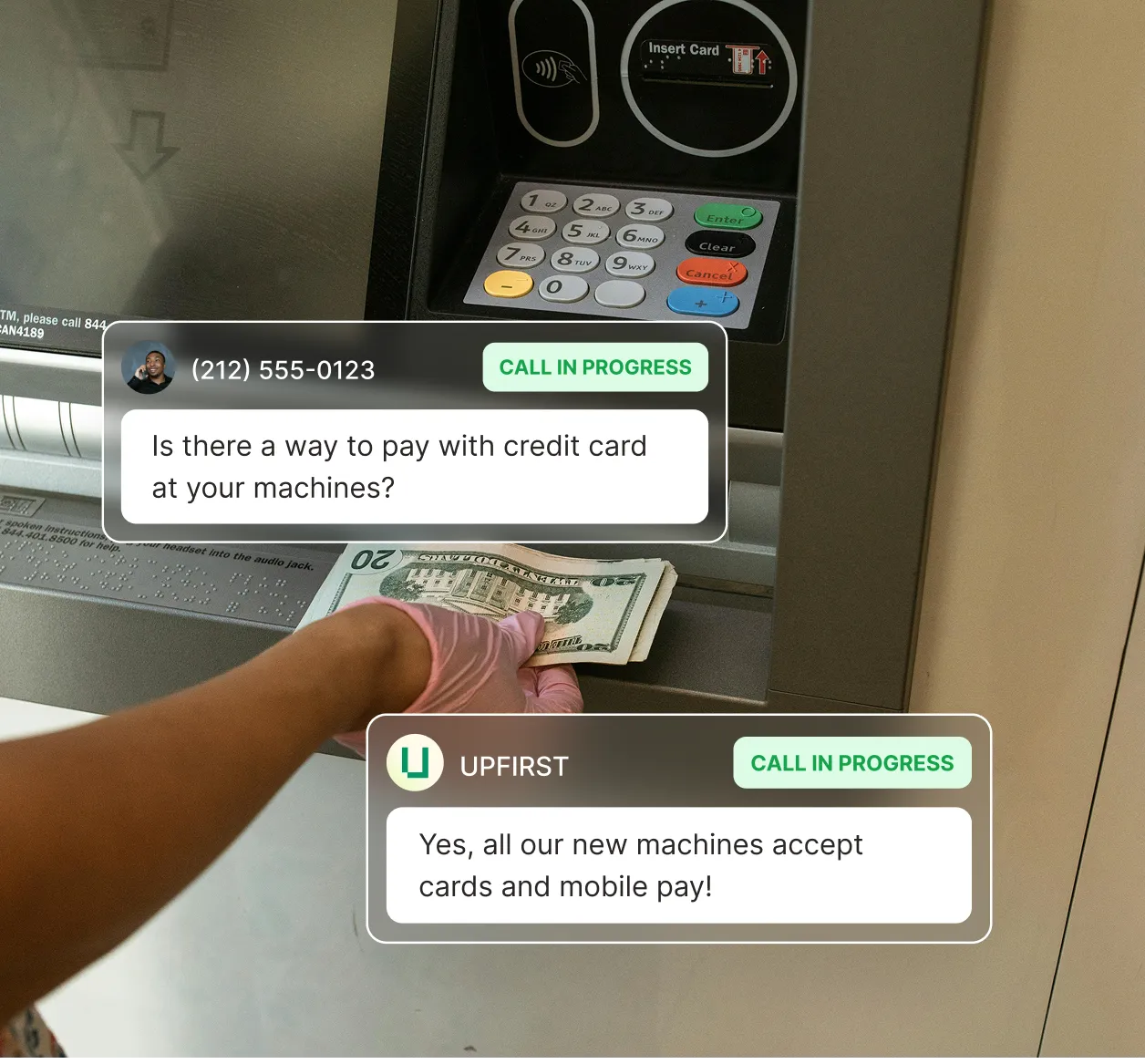 A caller asks if they can pay with a credit card at a vending machine while the vending machine answering service confirms that new machines accept cards and mobile pay.