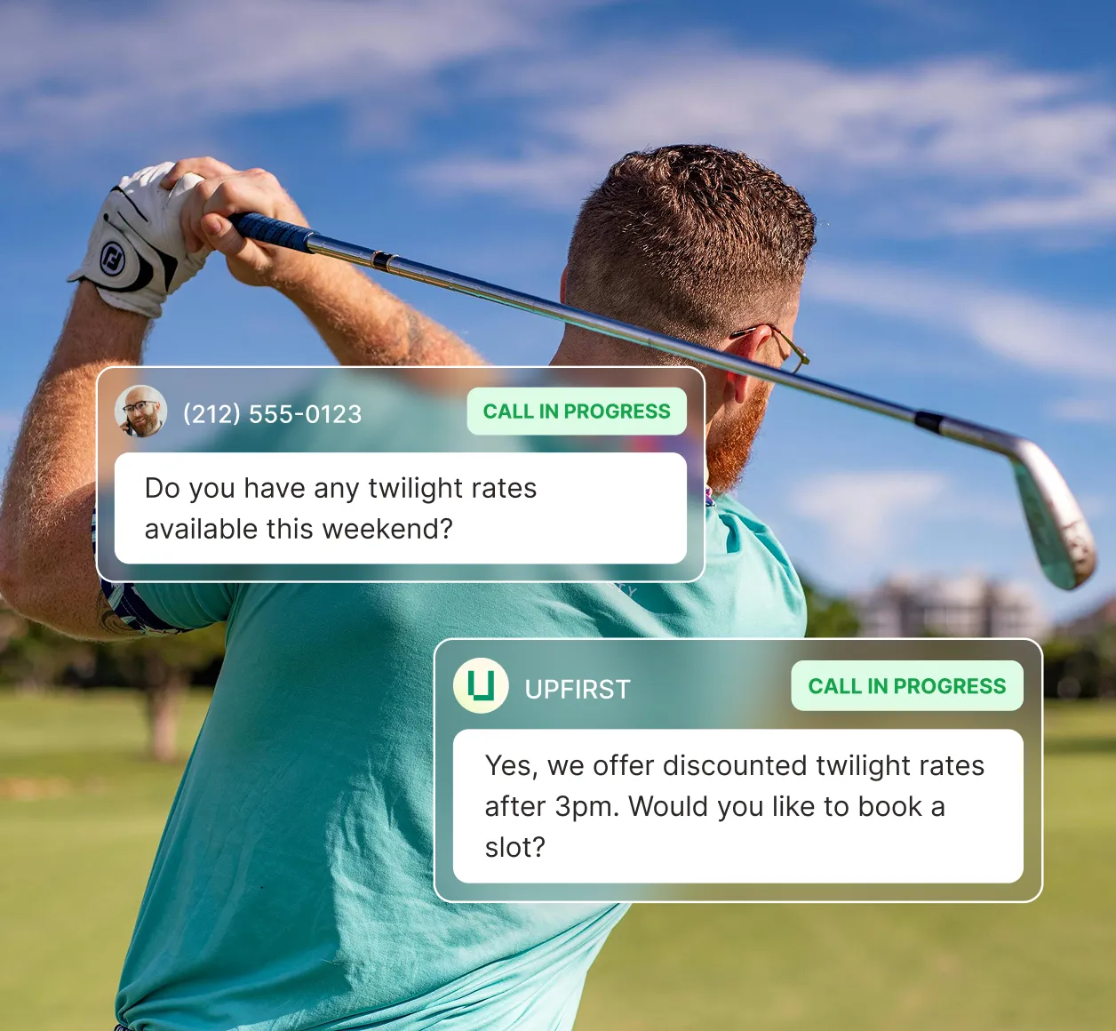A golfer asks about weekend twilight rates and the golf course answering service explains discounted rates after 3pm and offers to book a slot.