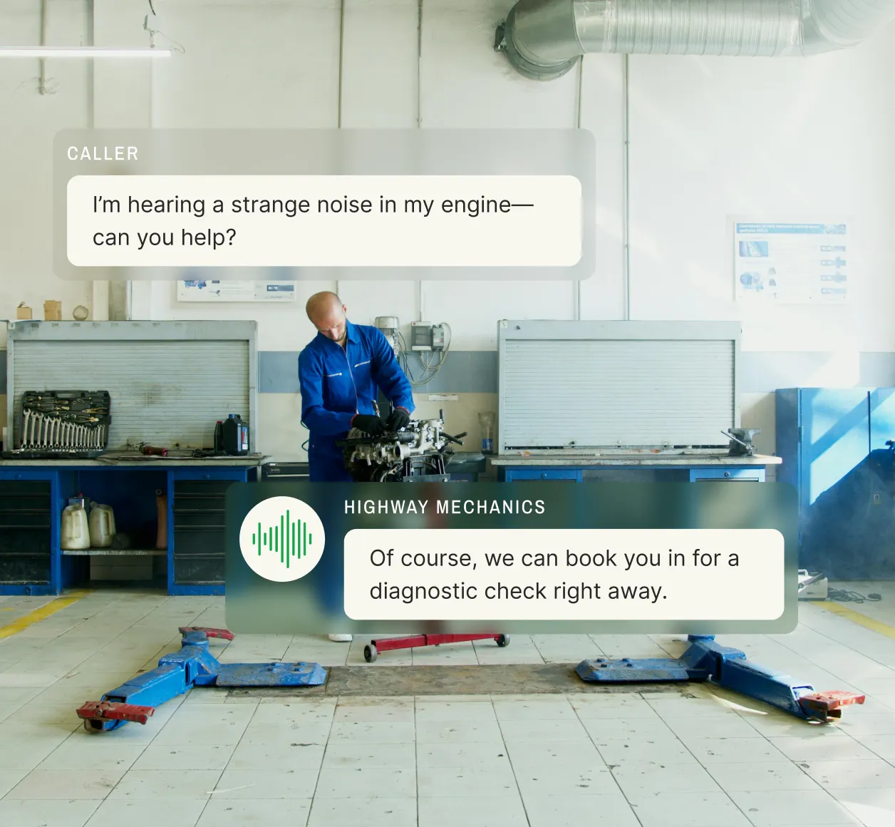A caller reports a strange engine noise, and an automotive call center agent offers to book a diagnostic appointment.