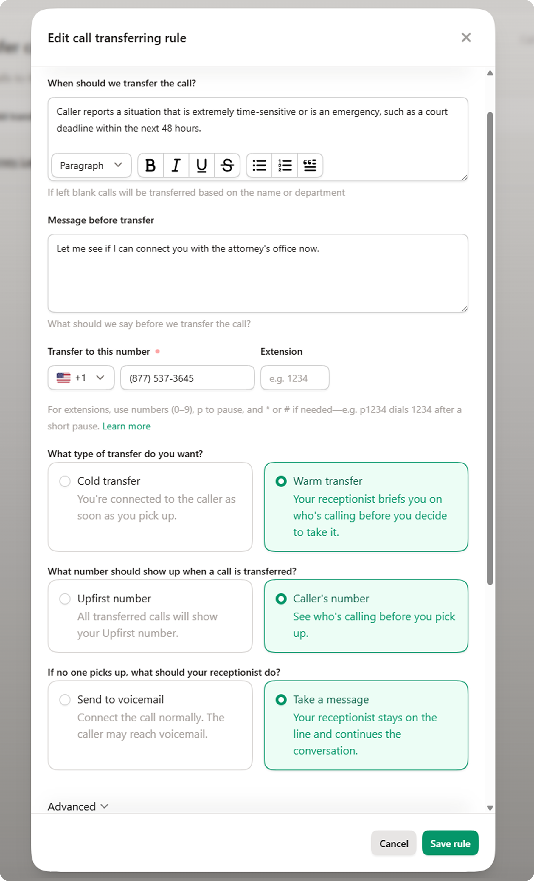 An example of easy it is to set up a warm transfer with an AI receptionist, with instructions using plain English and a field to add the person's phone number that is receiving the transfer.