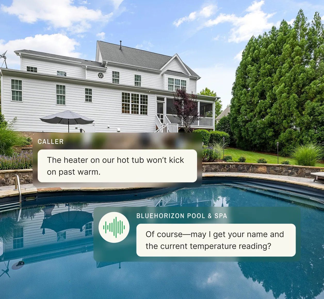 Caller says their hot tub heater won’t heat past warm and the pool and hot tub answering service asks for their name and current temperature reading.
