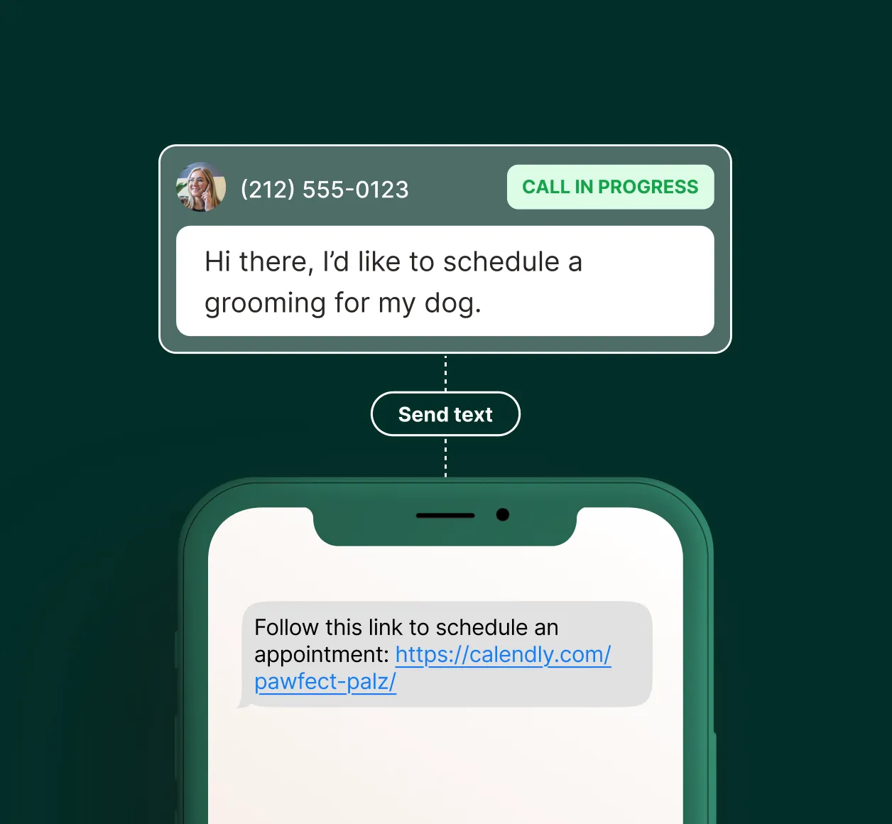 Missed call text back service sends a scheduling link by text after a caller asks to book a dog grooming appointment.