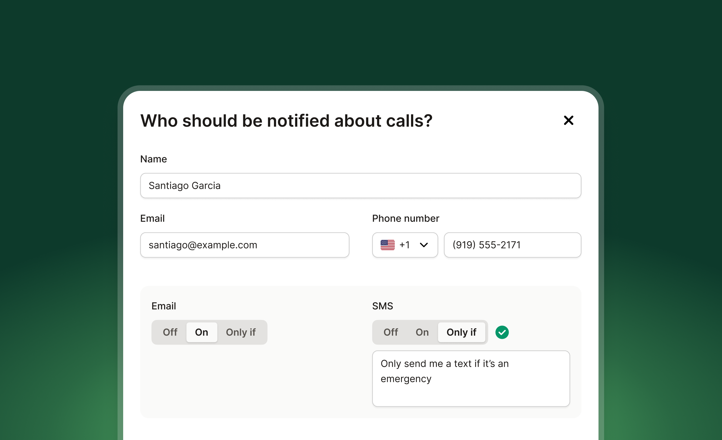 Notification settings with conditional rules for call alerts