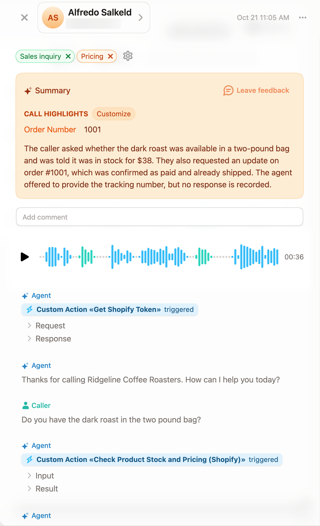 Upfirst call summary: the caller asked about the dark roast and order #1001, and the AI receptionist checked Shopify for both