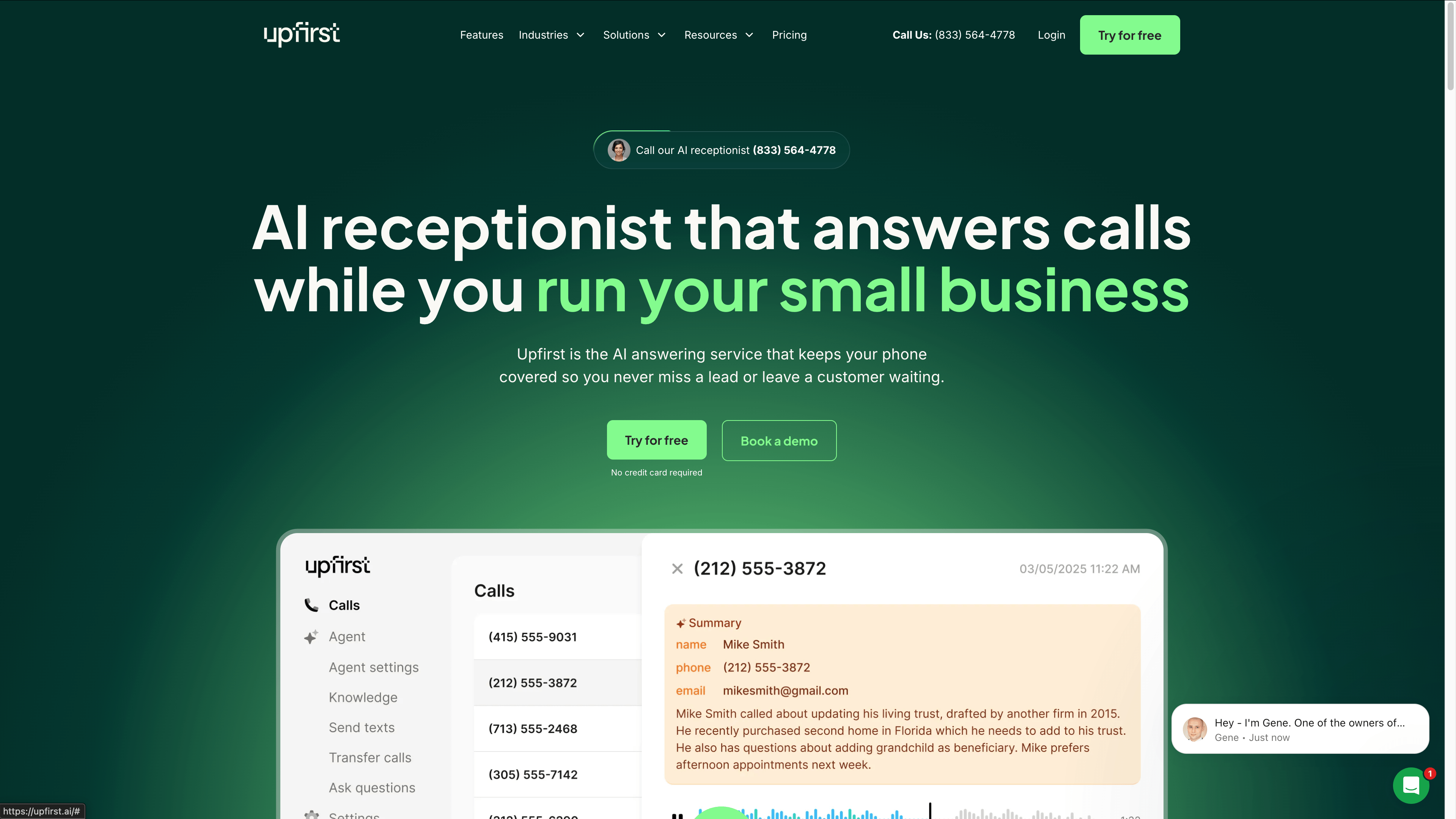 Screenshot of Upfirst, a good FreedomVoice alternative if you want an AI answering service