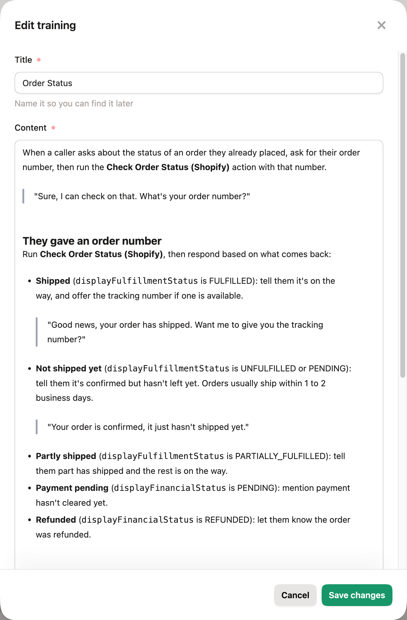 Upfirst training entry with instructions for order status calls