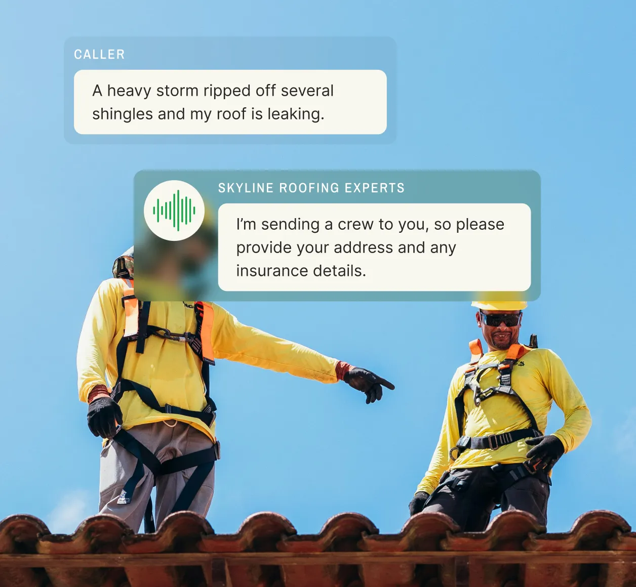 Roofers in safety gear prepare to repair storm damage as a dispatch answering service coordinates assistance with the caller, asking for an address and insurance details.
