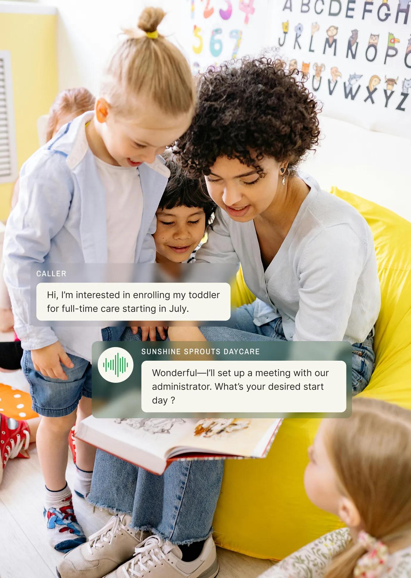 A daycare answering service responds to a parent's full-time care inquiry by offering to schedule a meeting and asking for a start date.