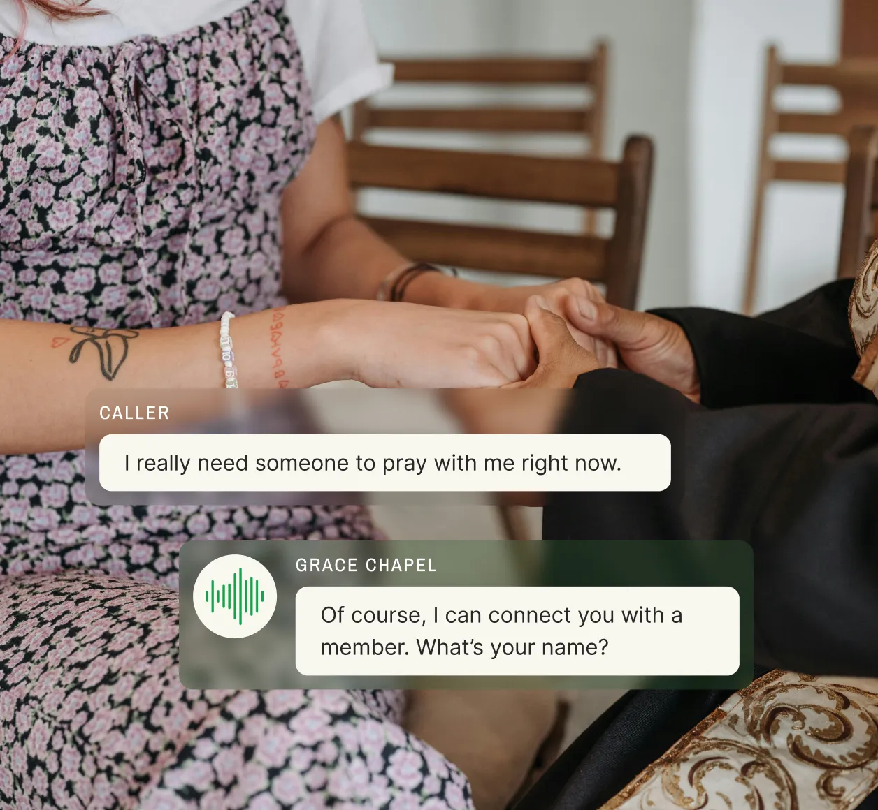 Church answering service providing pastoral care support. Caller requests immediate prayer support, and Grace Chapel's automated system offers to connect them with a church member. Background shows hands clasped together in prayer or comfort.