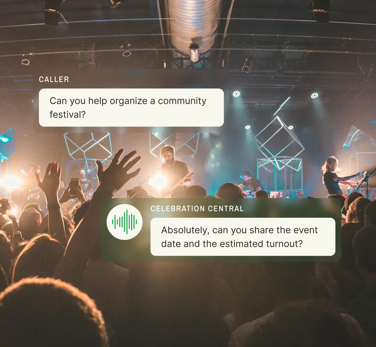 A caller asks an answering service for event planners about organizing a community festival, and the service responds by requesting the event date and estimated turnout.