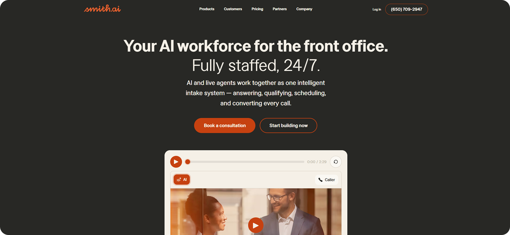 Smith.ai homepage showing their AI and live agent hybrid platform, one of the best answering services for driving schools