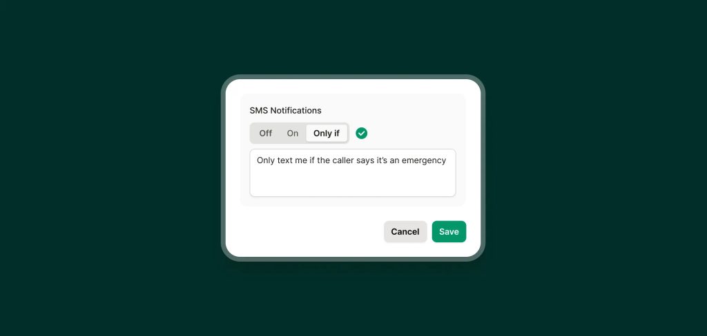 AI receptionist with call summaries SMS notification settings configured to alert only for emergency calls.