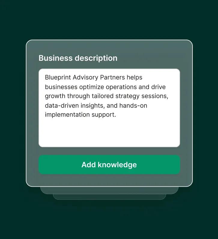 Dashboard showing business description being added for an answering service for consulting firms.