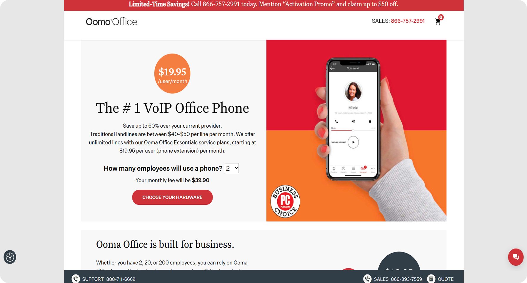 Ooma Office VoIP phone system homepage showing $19.95 per user per month pricing - an affordable small business VoIP solution with easy setup
