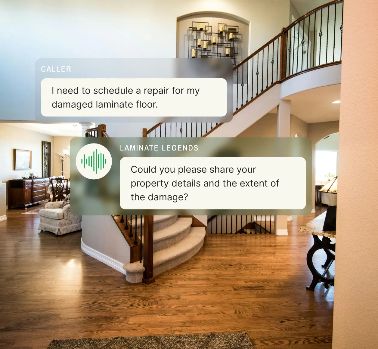 A well-lit living room with laminate flooring, where a text exchange from an answering service for flooring companies shows a caller requesting a laminate floor repair and receiving a response asking for property details and the extent of the damage.