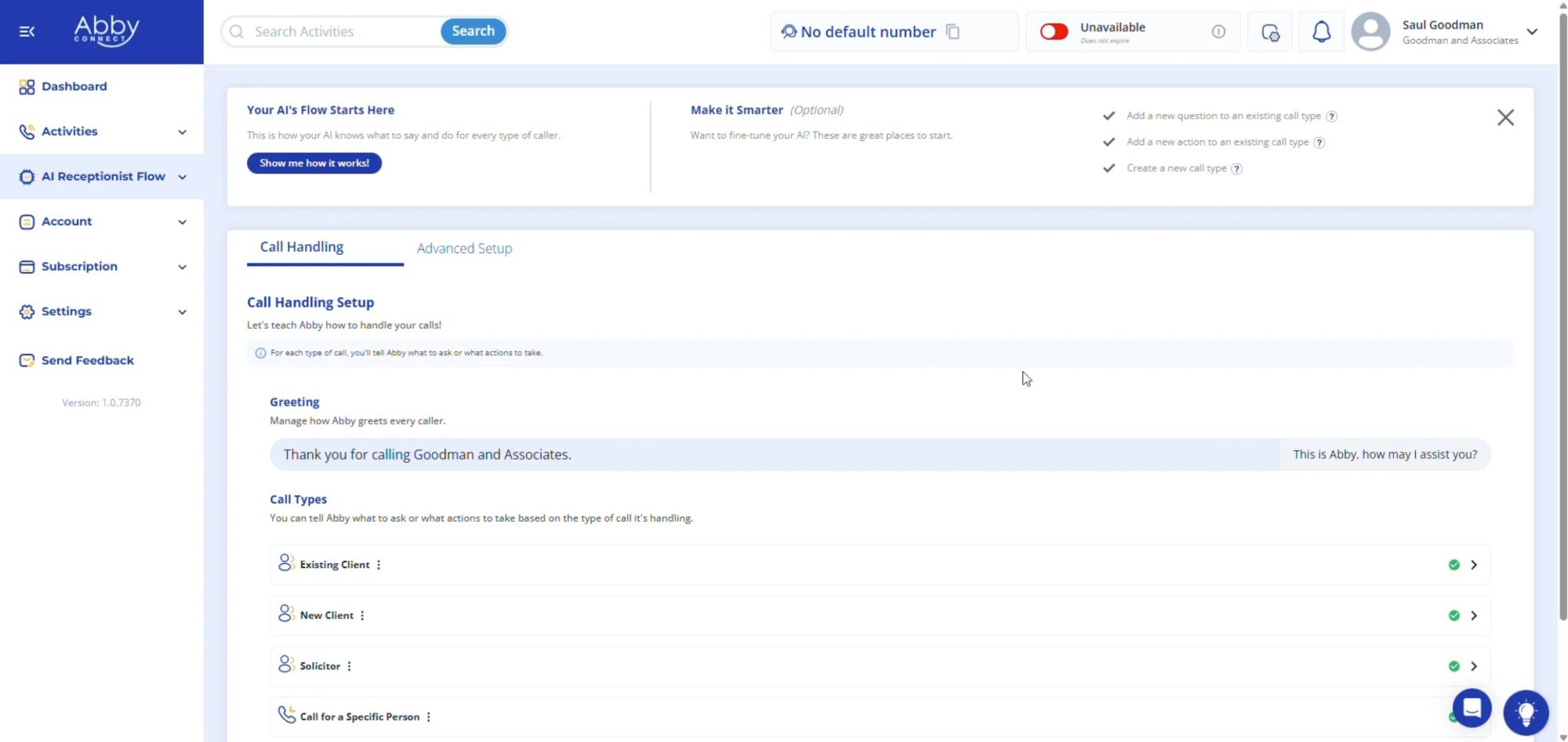 Abby Connect's AI Receptionist Flow screen, where you set the greeting and choose how the AI handles each call type, like existing clients, new clients, and solicitors