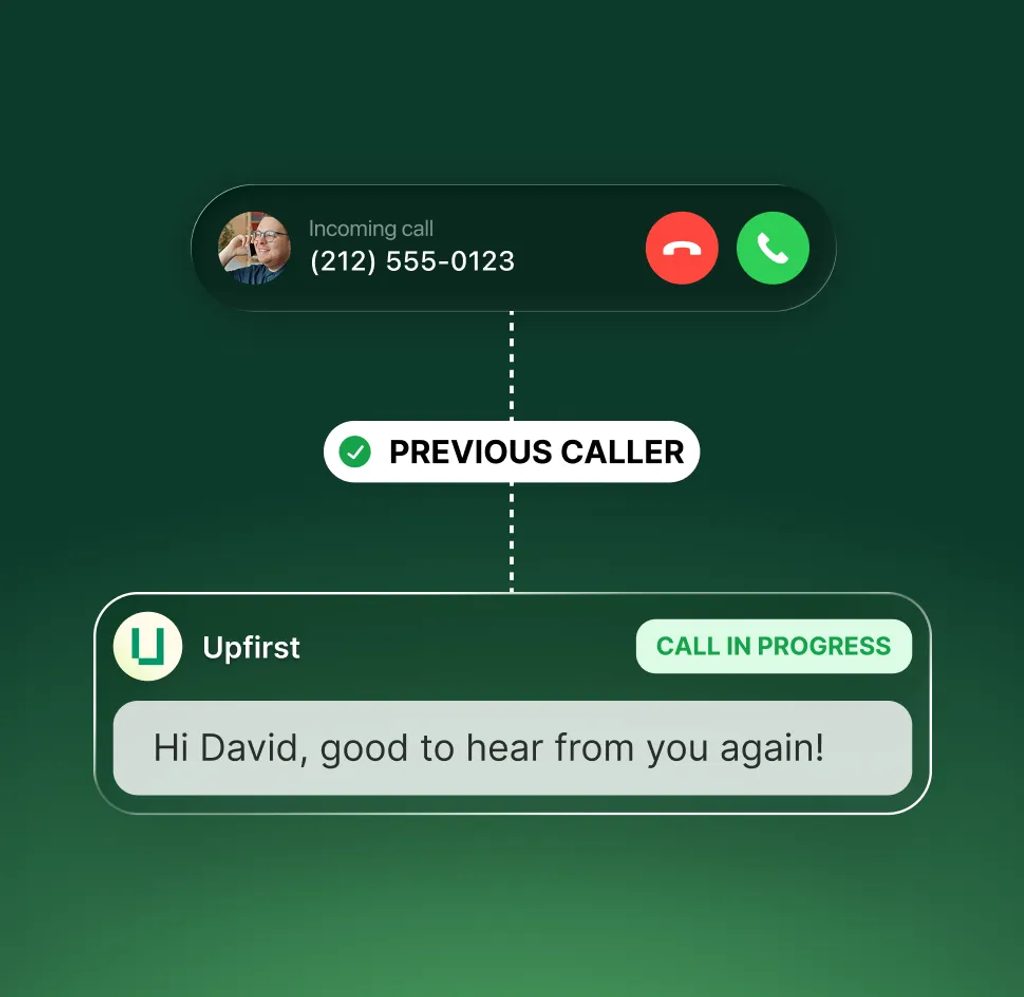 AI receptionist with call summaries displaying Mike Anderson's contact information and trust update inquiry with audio playback.