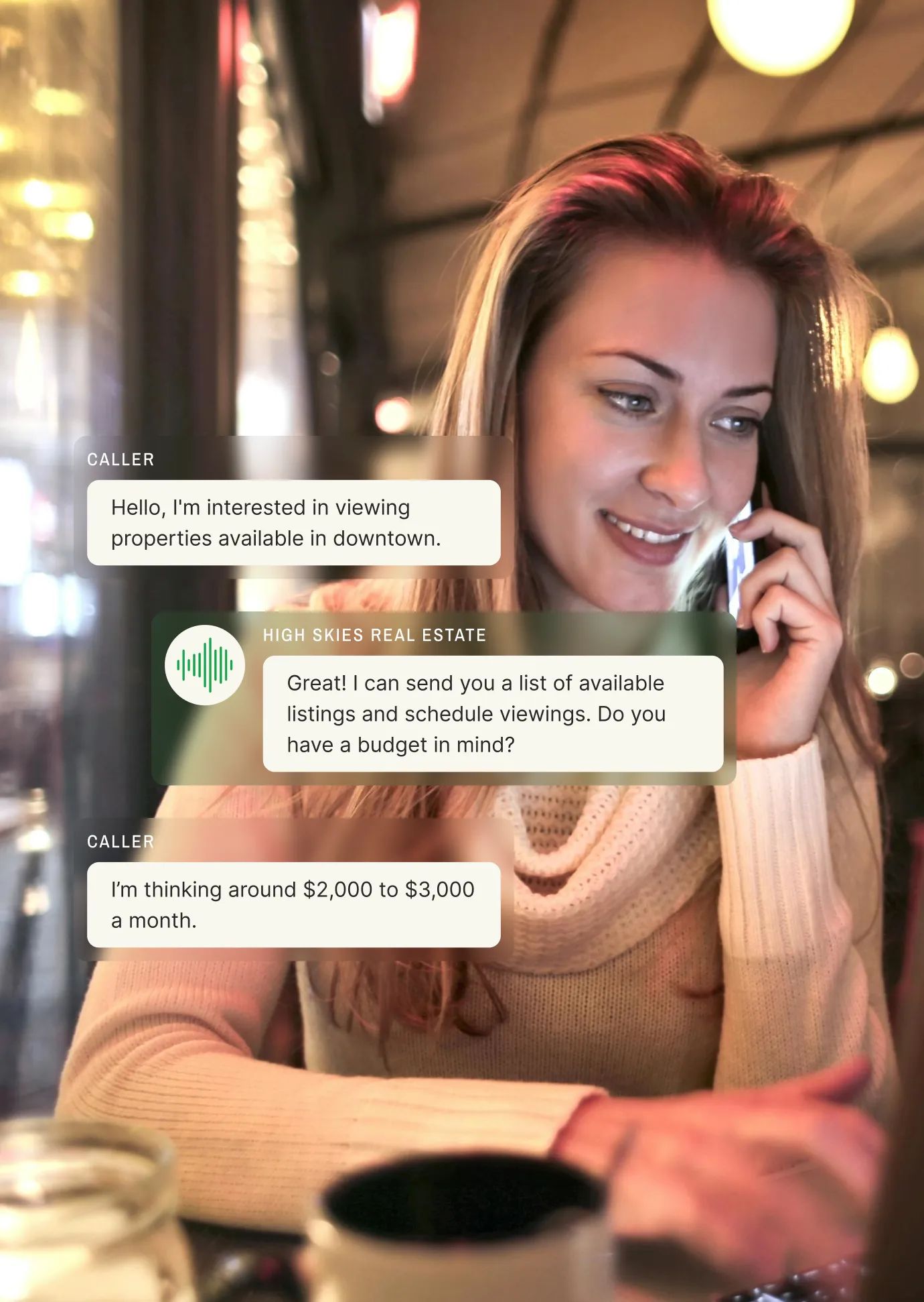 Caller discussing real estate options in downtown with an after hours answering service, focusing on budget preferences.