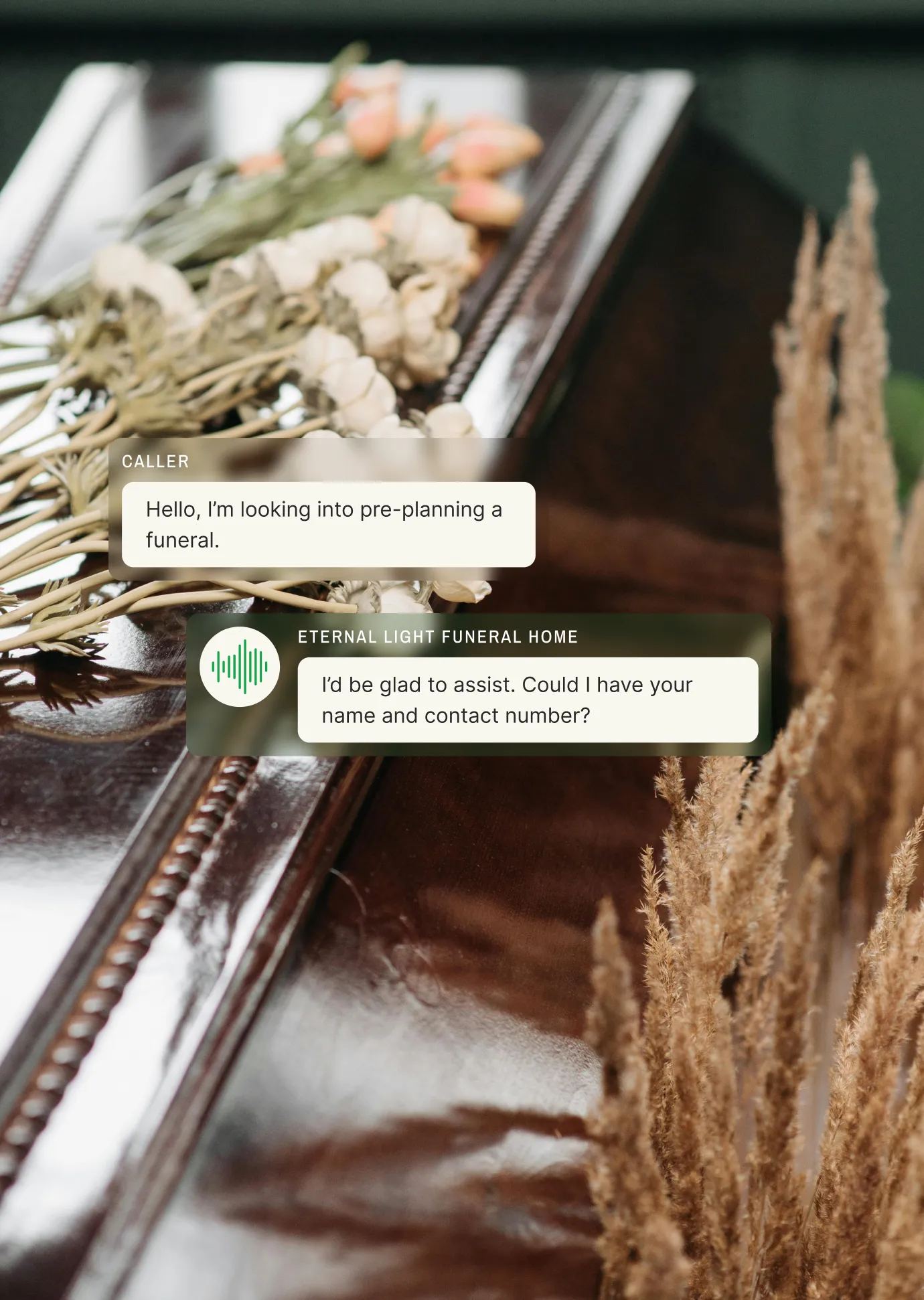 A casket adorned with flowers is shown while a caller inquires about pre-planning a funeral, and the funeral home answering service representative offers assistance and requests contact details.