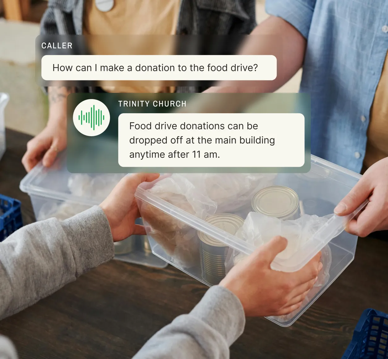 Church answering service chat interface showing donation inquiry. A caller asks about food drive donations, and Trinity Church's automated response provides drop-off instructions for the main building after 11 AM. Background shows hands passing canned goods in a clear container.