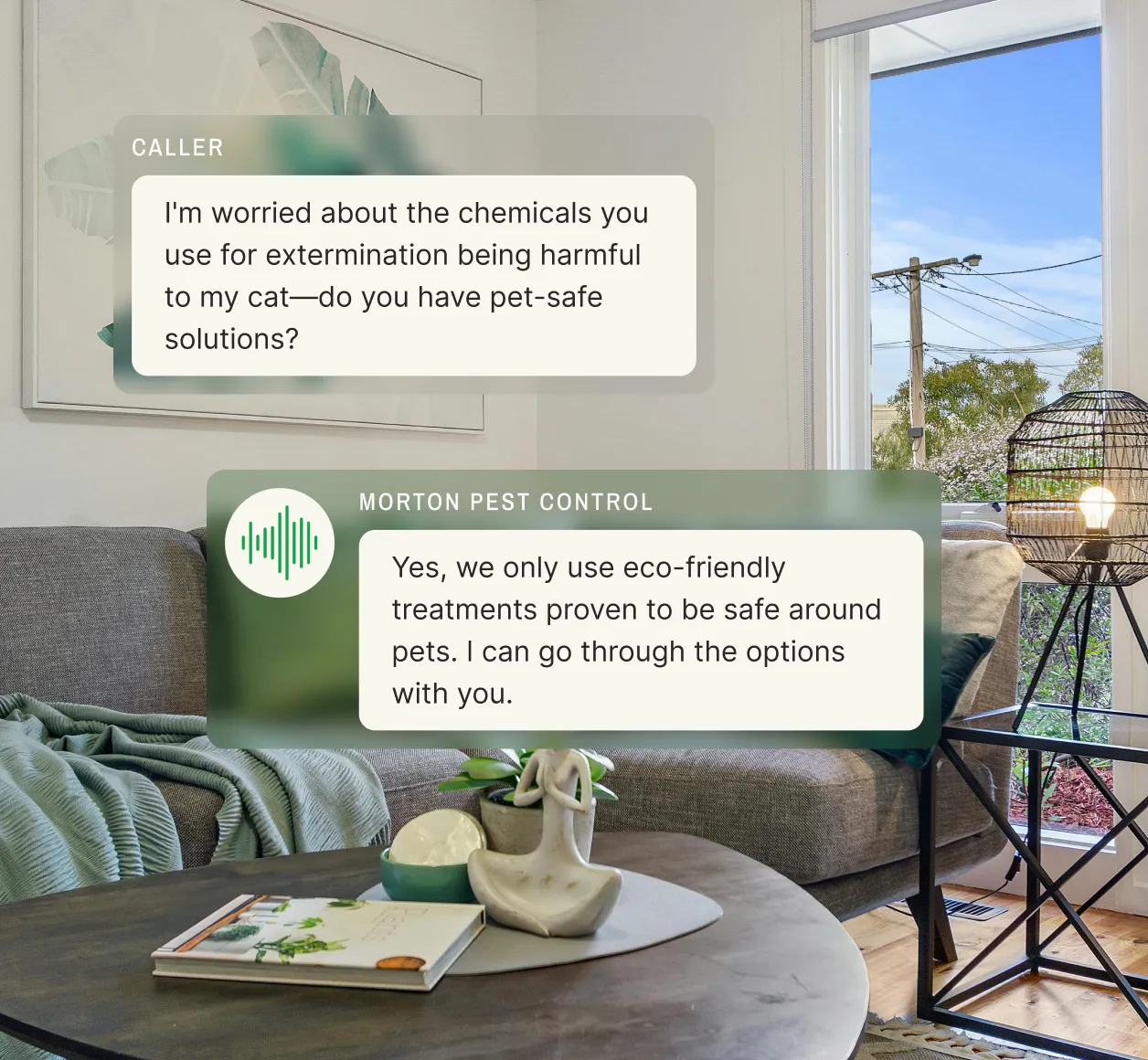 Answering service for pest control addressing a customer's concerns about pet-safe extermination methods, ensuring eco-friendly treatments safe for pets.