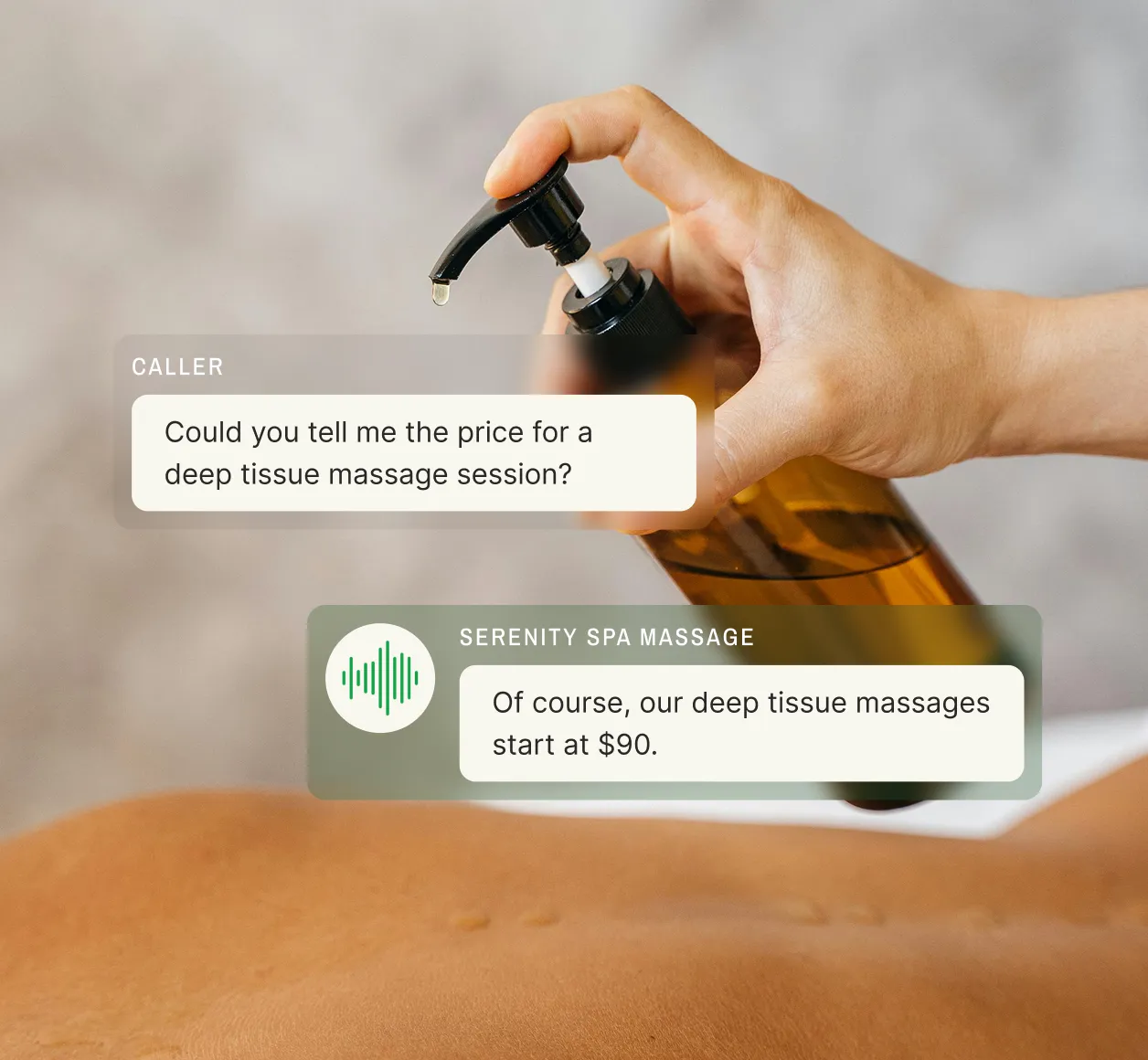 A caller asks about deep tissue massage pricing and the answering service for massage therapists replies with a $90 starting rate.