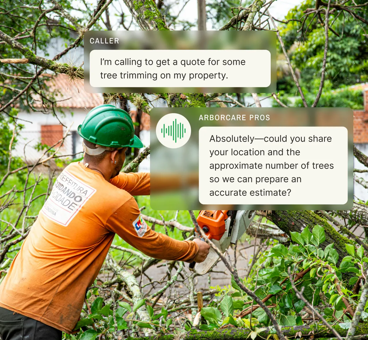 A caller inquires about tree trimming services, and the call screening representative asks for the location and number of trees, exemplifying call screening services for accurate routing.