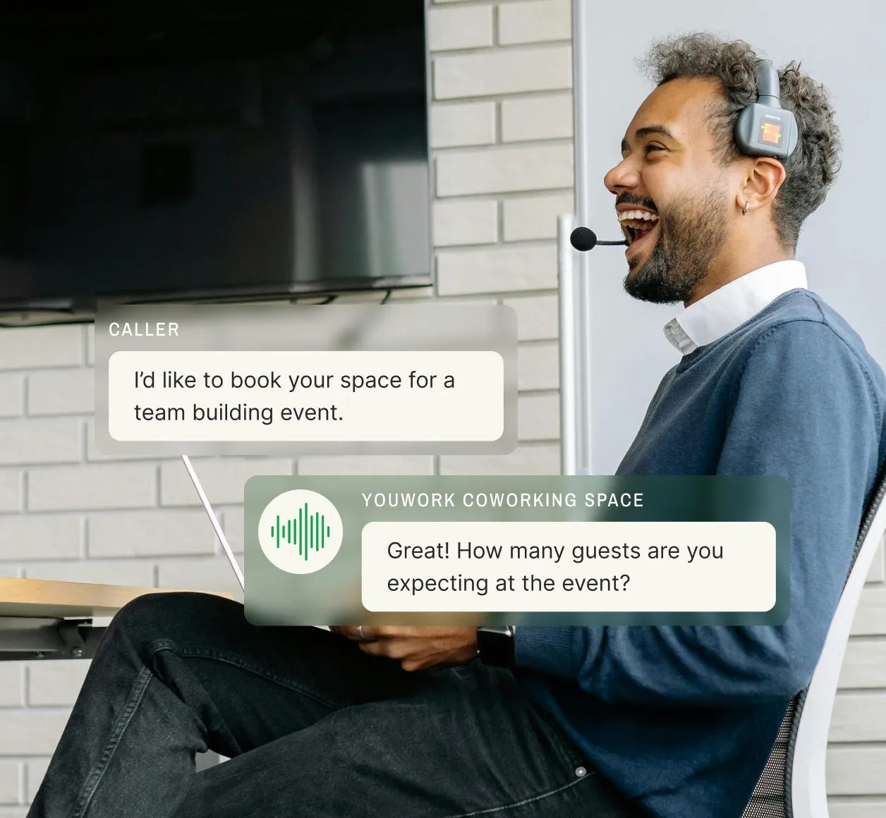 Customer service representative wearing headset having virtual conversation about booking coworking space through AI voicemail assistant