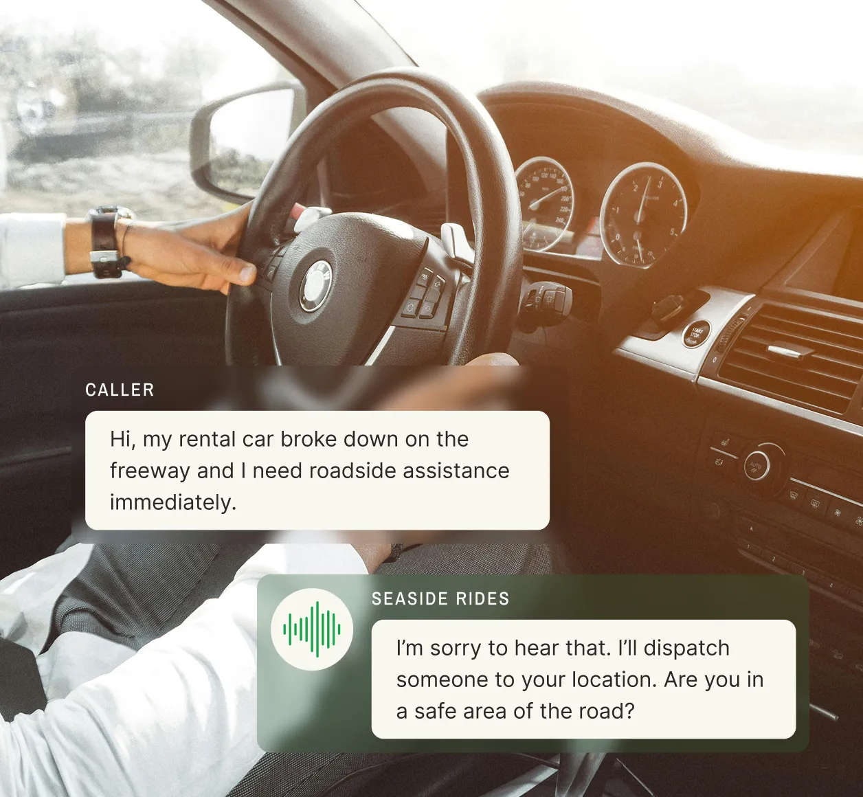 A driver calls a car rental company answering service requesting roadside help, and the agent asks if they’re in a safe location.