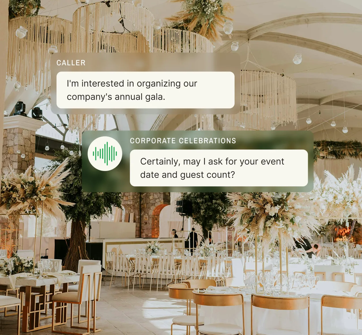A caller inquires about planning a company’s annual gala, and the event planners answering service asks for the event date and guest count.