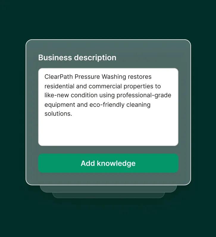 Adding a business description to set up a virtual receptionist for a pressure washing company using professional-grade equipment.