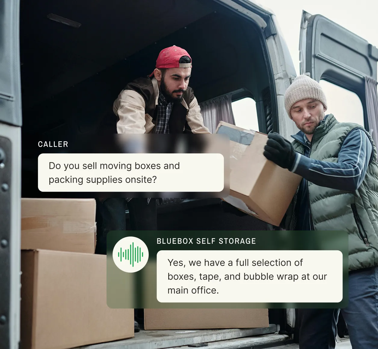 A caller asks about packing supplies, and the call center for self storage confirms boxes and tape are available onsite.