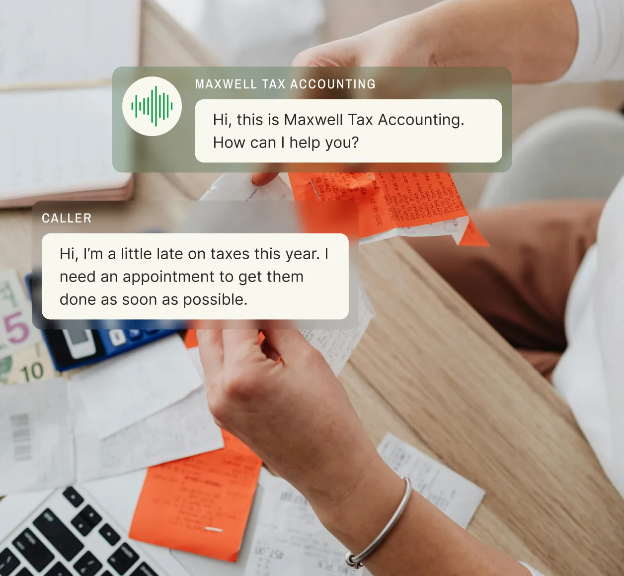 A person holding receipts and reviewing financial documents on a desk while transcribing a voicemail about scheduling a tax appointment using voice to text transcription services.