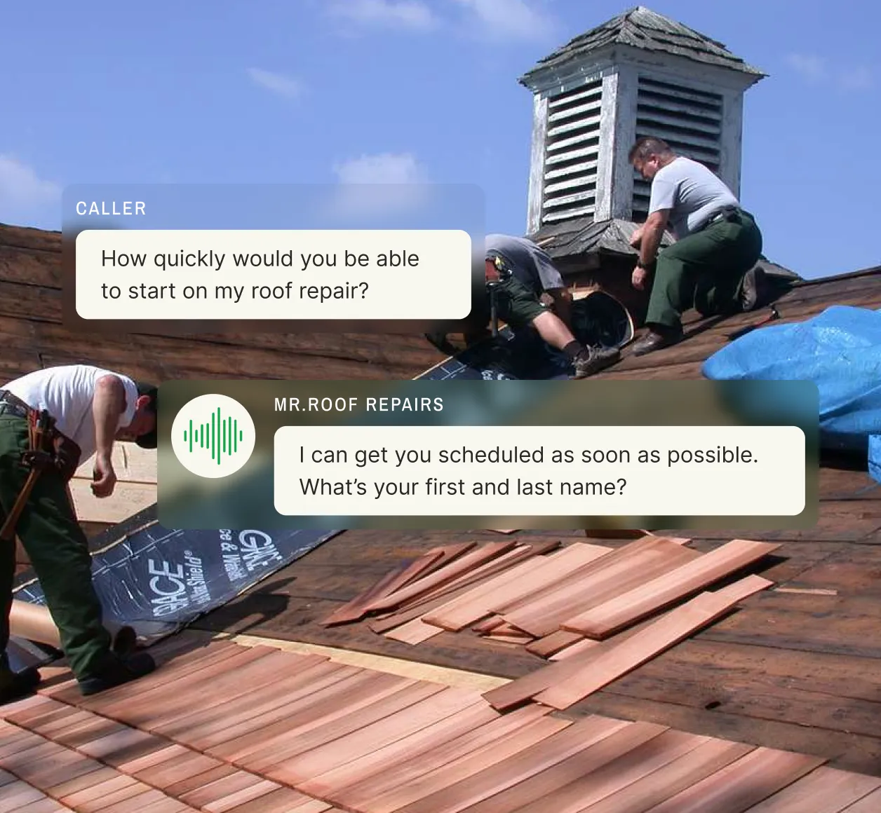 Roofers working on wooden shingle installation while answering service responds to urgent repair request