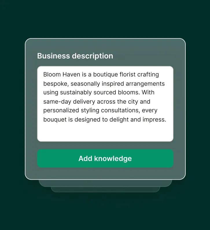 A florist answering service interface shows a business description input panel with the florist’s service description entered and an Add knowledge button.