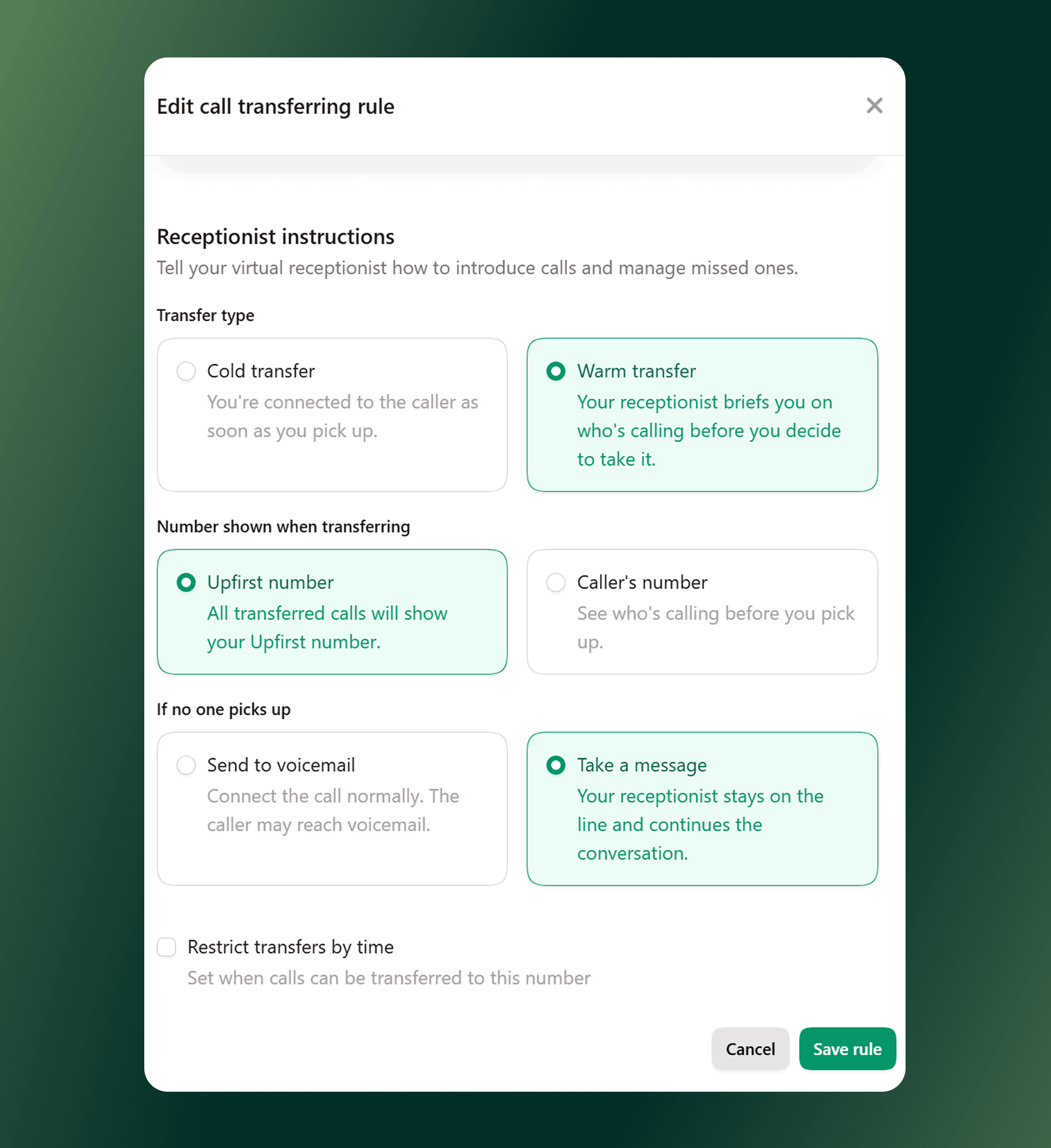 An example of setting up a warm transfer prompt for your AI receptionist.