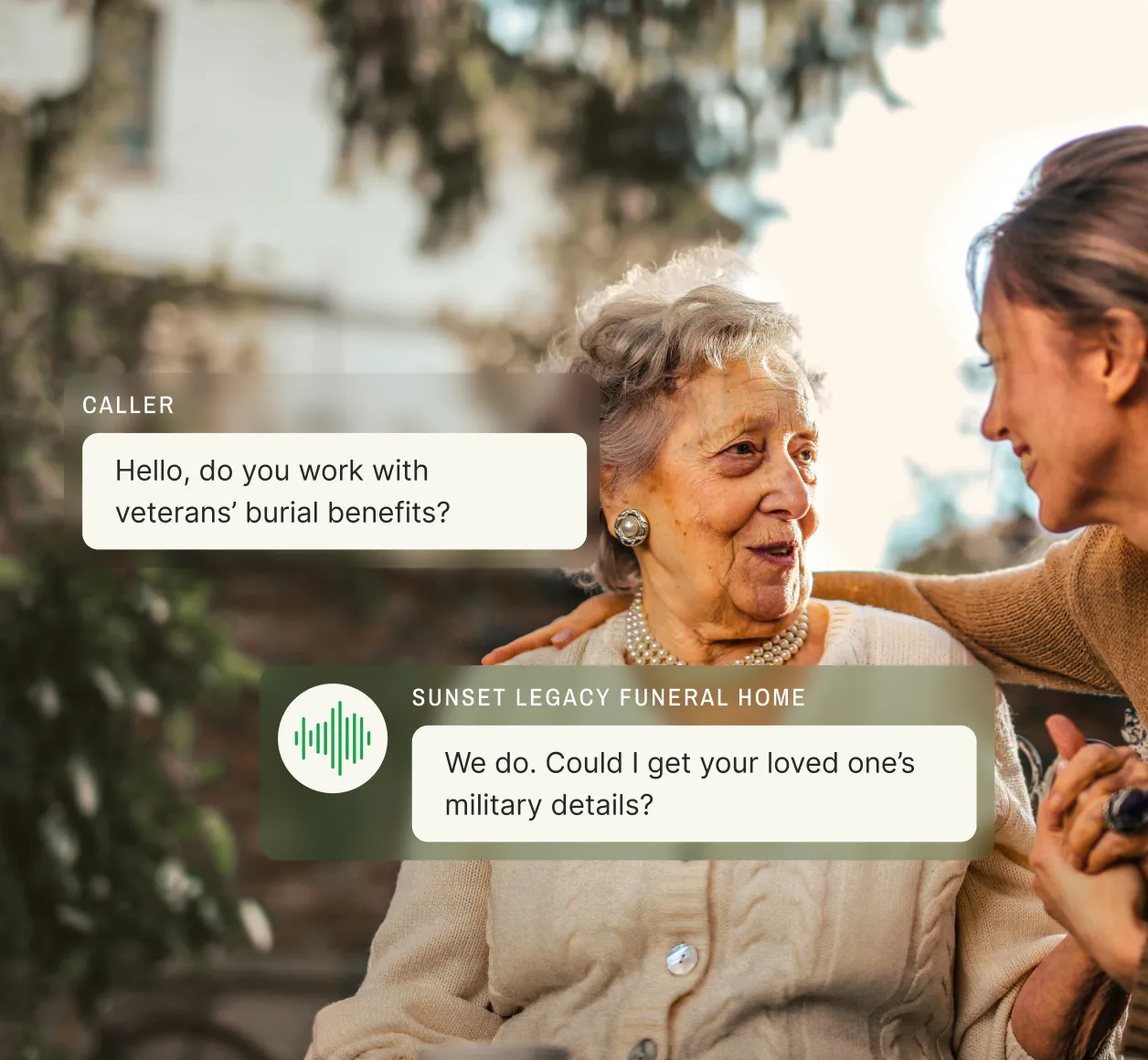 A funeral director stands in front of a casket while a caller asks for obituary writing help, and the funeral home answering service agent responds by requesting the necessary details.