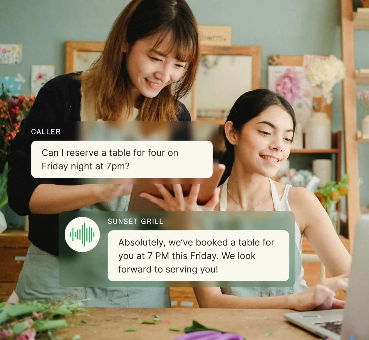 Customer reserving a table for four at a restaurant, efficiently managed by a virtual receptionist service.
