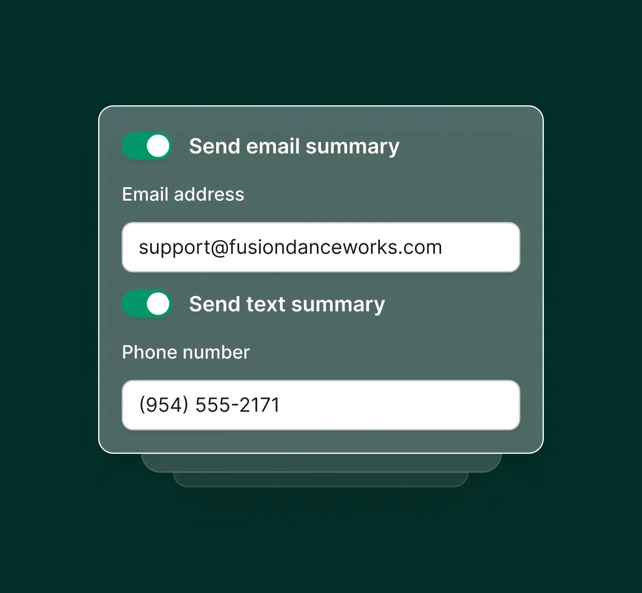 Configuring email and text notifications for a dance studio answering service to receive summaries after every call.