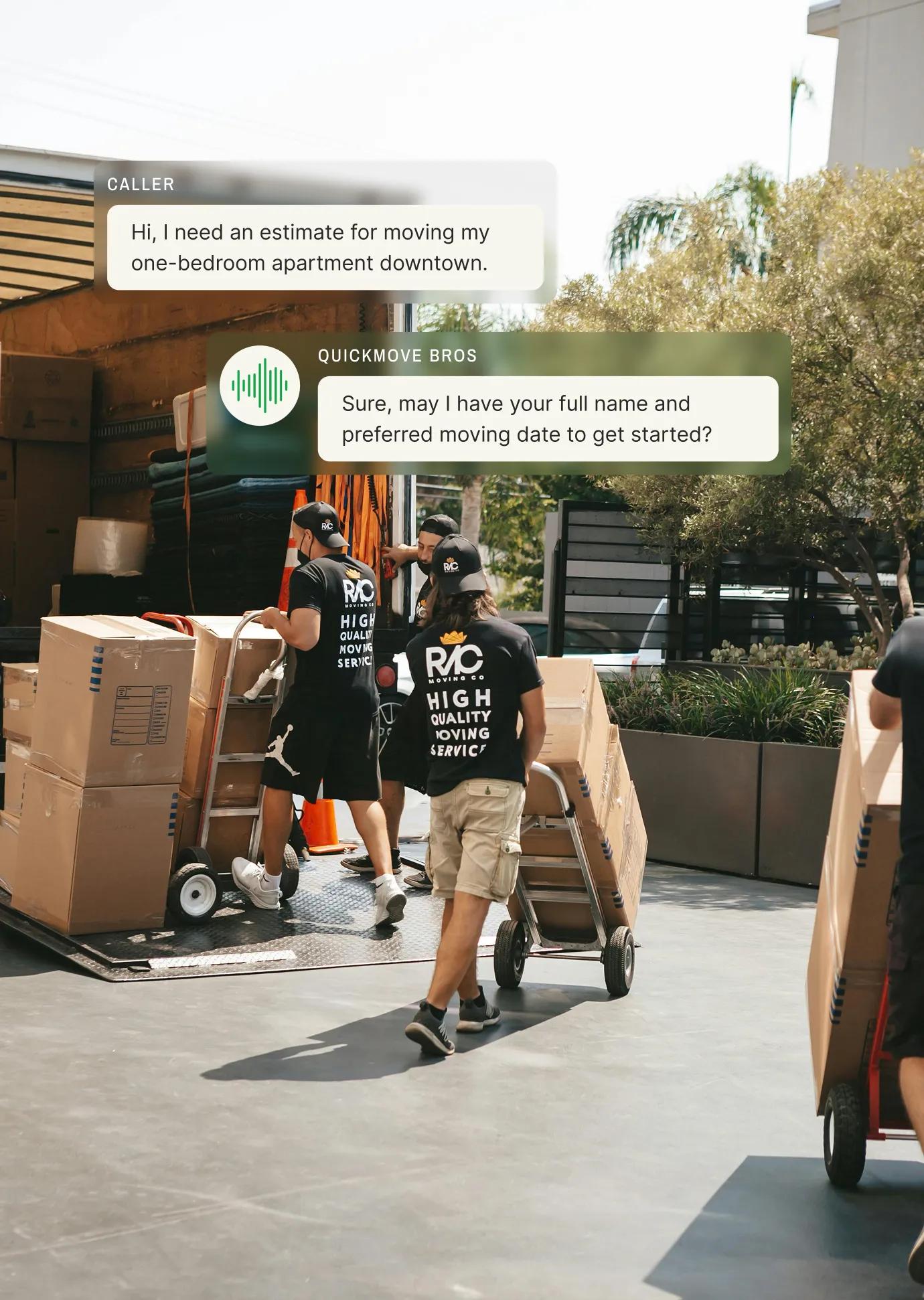 Movers loading boxes into a truck while an answering service for a moving company provides an estimate over chat.