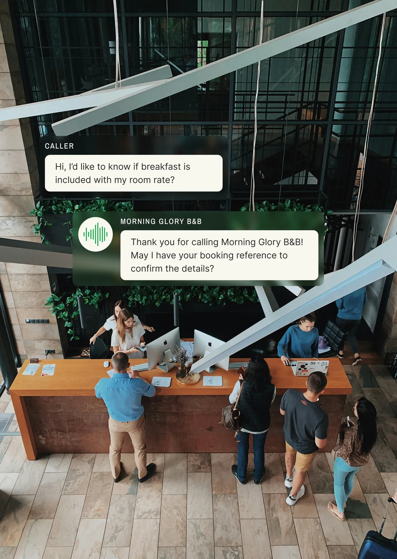 A modern hotel reception with a high ceiling and guests checking in, displaying a text exchange where a caller asks if breakfast is included, and the hospitality answering service requests a booking reference to confirm details.