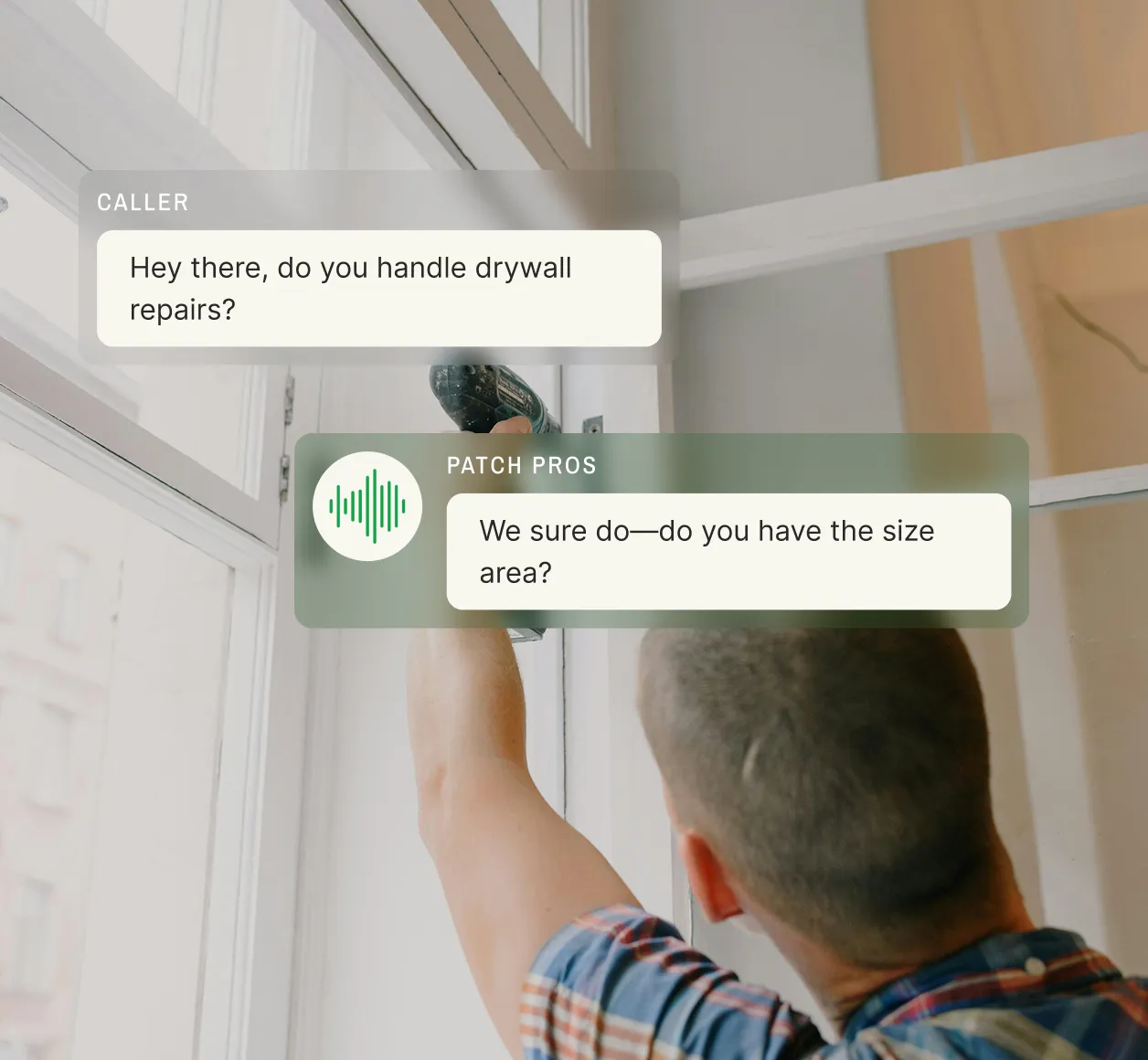 A handyman answering service responds to a drywall repair inquiry by asking for the size area.