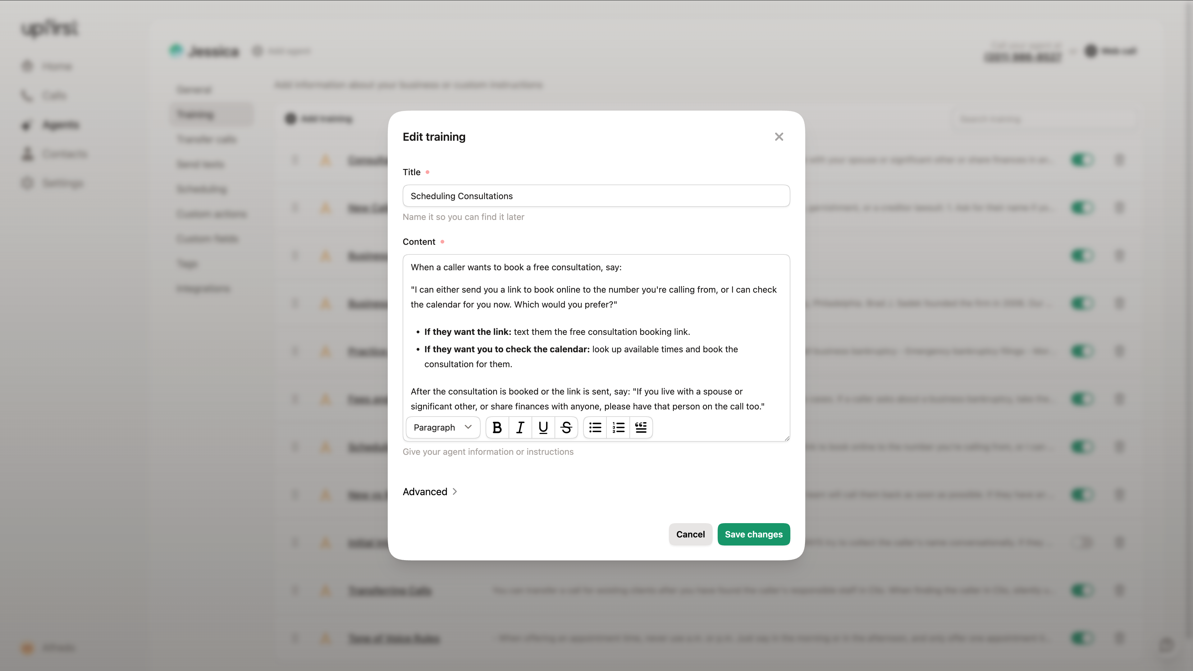 Upfirst Edit training window with plain-language instructions for booking a free consultation by text link or calendar