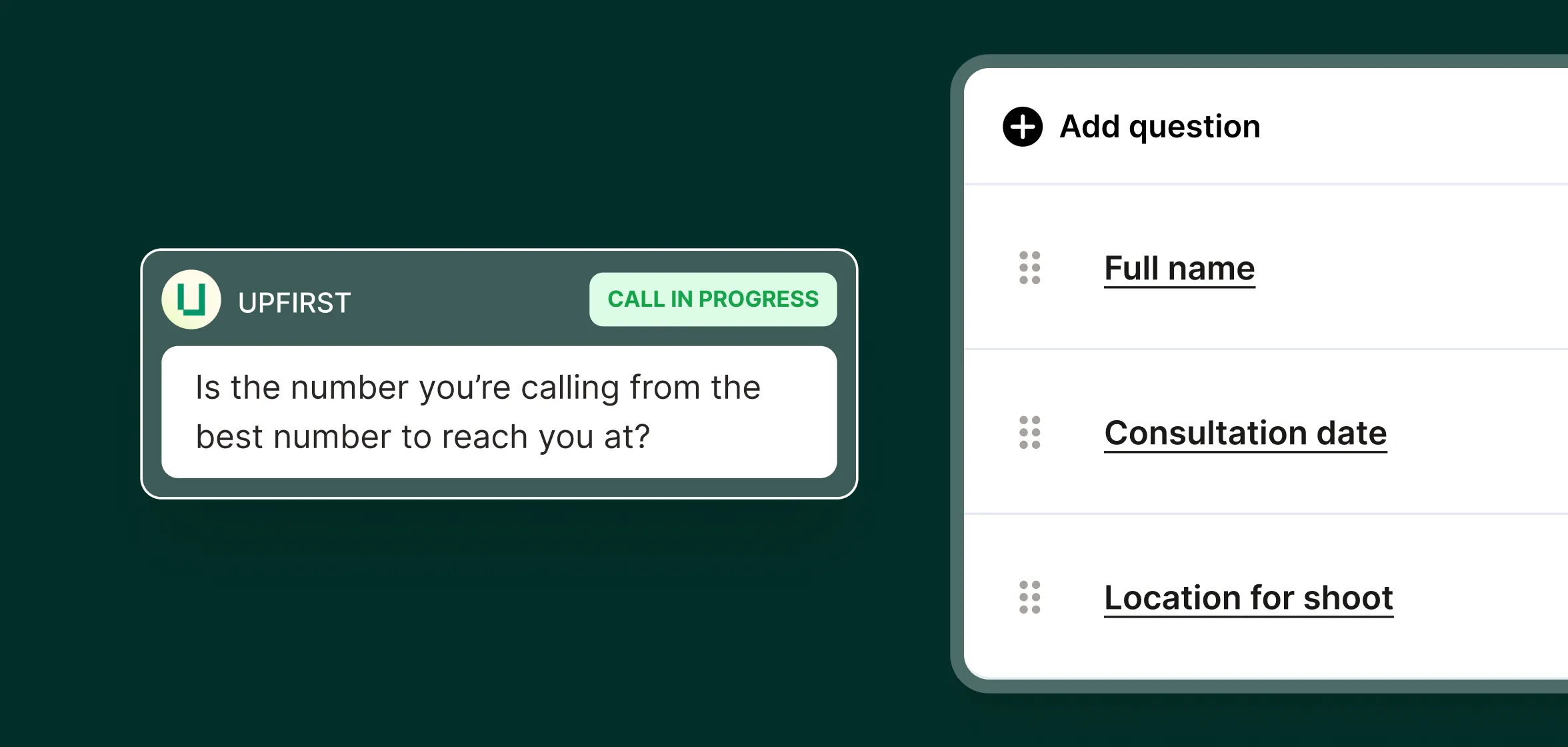 A photographer answering service collects caller details like name, consultation date, and shoot location during the call.