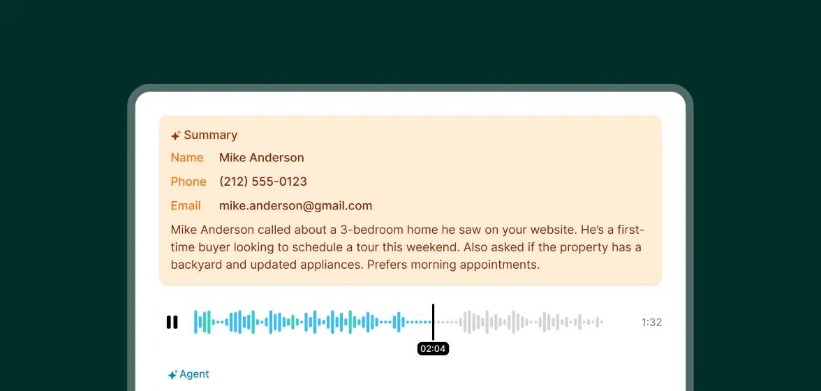 Call summary and transcript of a real estate lead asking about a 3-bedroom home, showing how Upfirst captures buyer inquiries for real estate agents.